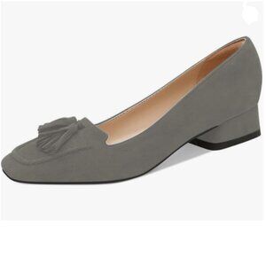 YDN Light Grey Block Low Heel Loafer Square Toe Tassel Fringed Pump Slip On Shoe